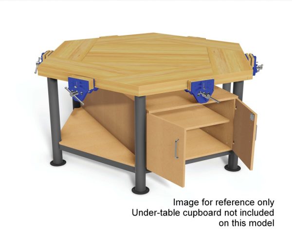 Edubench Hexagonal Six Station Bench - Beech 1600 x 1600 x 825mm with QR Vices